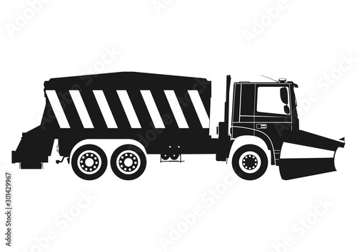 Snow plow. Silhouette of snow plough on a white background.Side view. Flat vector.