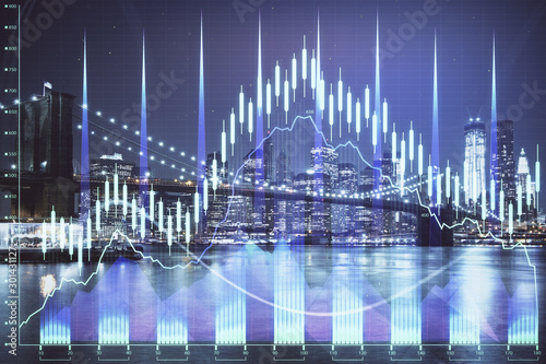 Financial chart on city scape with tall buildings background multi exposure. Analysis concept.