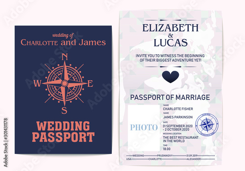 Wedding passport. Wedding for decoration design. Modern invitation template vector design. Vector romantic, modern template. 