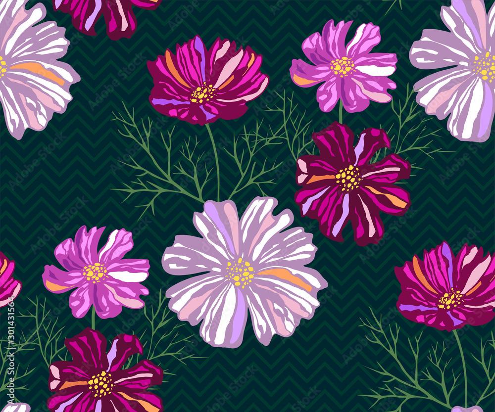 Seamless pattern with Cosmos bipinnatus. Hand drawing decorative background. Vector pattern. Print for textile, cloth, wallpaper, scrapbooking Seamless pattern with Cosmos bipinnatus. Hand drawing decorative background. Vector pattern. Print for textile, cloth, wallpaper, scrapbooking