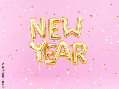 New Year gold text on pink background, golden foil balloon typography and falling confetti, 3d rendering
