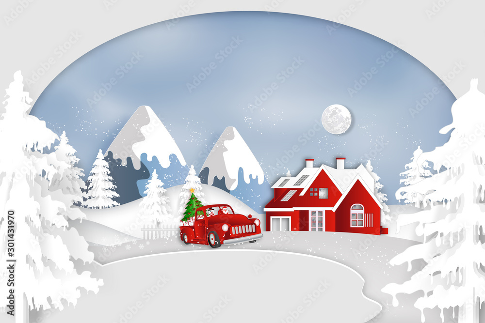 Paper art, cut and digital craft style of Santa Claus and snowman in red car in the merry christmas night and happy new year 2020 as holiday and x'mas day concept. vector illustration. Paper art, cut and digital craft style of Santa Claus and snowman in red car in the merry christmas night and happy new year 2020 as holiday and x'mas day concept. vector illustration.