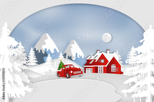 Paper art, cut and digital craft style of Santa Claus and snowman in red car in the merry christmas night and  happy new year 2020 as holiday and x'mas day concept. vector illustration. © ImagineDesign