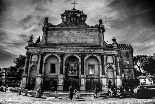 Acqua Paola fountain in Rome in black and white