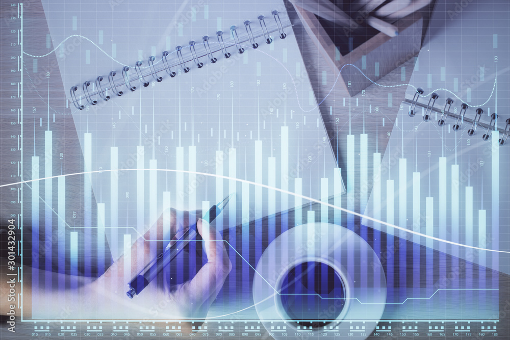 Multi exposure of woman's hands making notes with forex graph hologram. Concept of technical analysis. Multi exposure of woman's hands making notes with forex graph hologram. Concept of technical analysis.