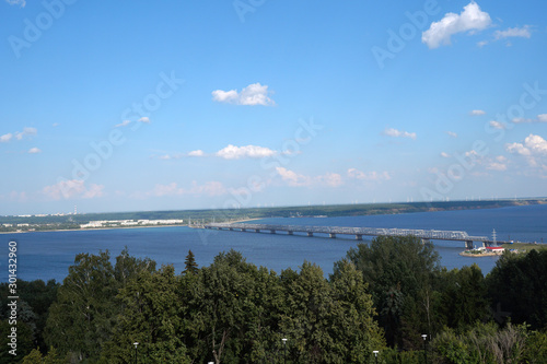 Beautiful summer landscape. River View. The long bridge over the river. Nature. Russia.