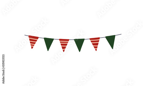 Flag garland vector illustration. Flat hand drawn image of garland made of flags in holiday colours - red, greensand striped. Christmas clip art isolated on white.