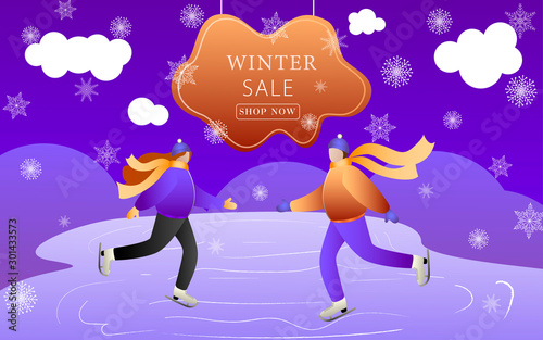 Loving Couple Skating on the rink at holiday. Happy Young Family or Friends Man and Woman Web Page Banner. Colorful winter banner with falling snowflakes, ice, ice rink.