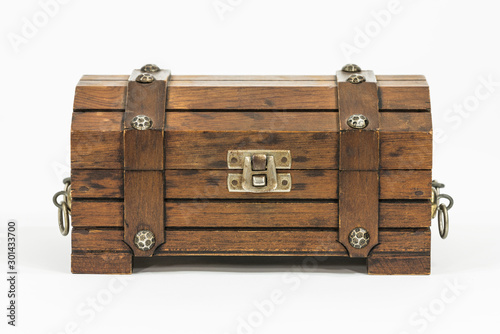 Old wood toy treasure chest on white.  photo