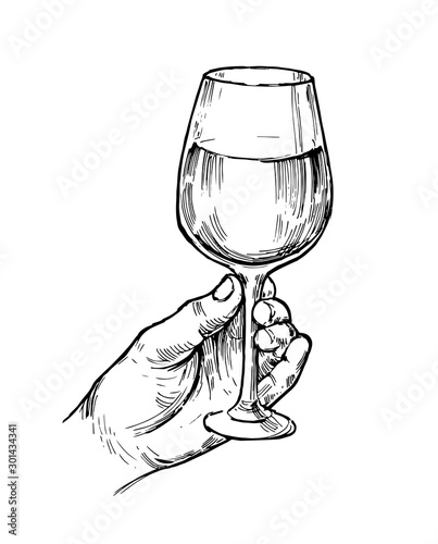Glass of wine in hand. Hand drawn illustration converted to vector