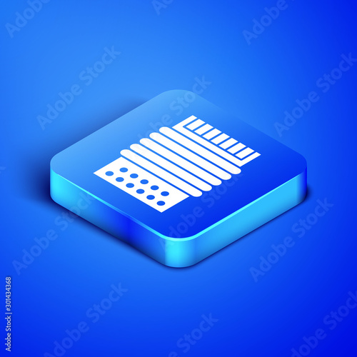 Isometric Musical instrument accordion icon isolated on blue background. Classical bayan, harmonic. Blue square button. Vector Illustration