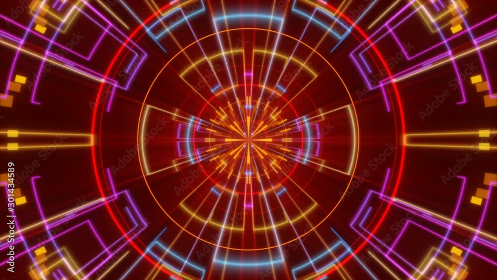 motion multi colored lines and shapes on red background, loop