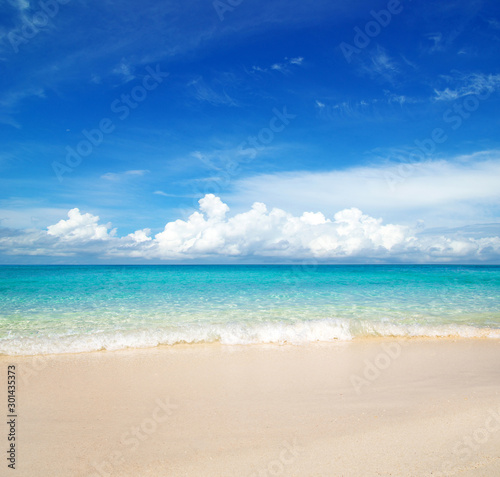 Sea and sky. Perfect blue sea water and blue sky with white fluffy clouds. beautiful beach and tropical sea © Pakhnyushchyy