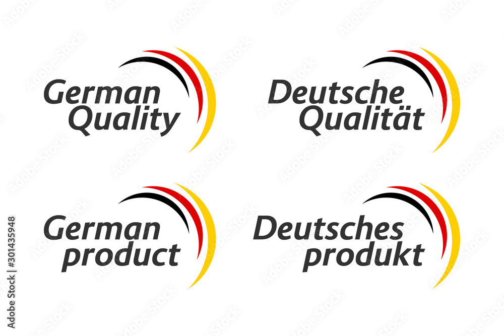 Set of four German icons, German Quality and German product in English and German, premium quality stickers and symbols, simple vector illustration isolated on white background, Made in Germany