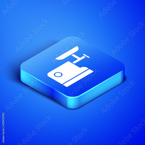 Isometric Kitchen meat grinder icon isolated on blue background. Blue square button. Vector Illustration