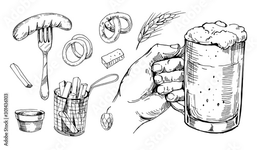 Beer glass and snacks. Hand drawn sketch converted to vector. Isolated on white background