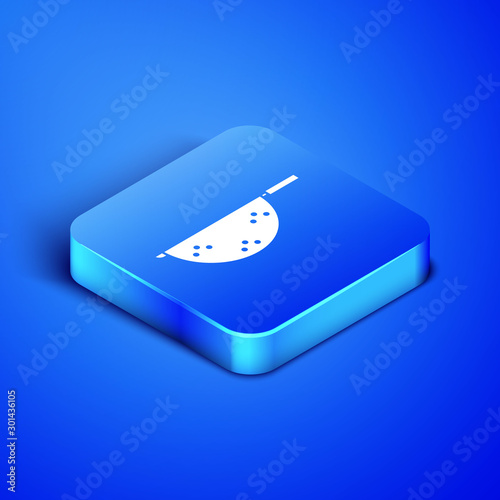 Isometric Kitchen colander icon isolated on blue background. Cooking utensil. Cutlery sign. Blue square button. Vector Illustration