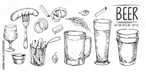 Beer glass and snacks. Hand drawn sketch converted to vector. Isolated on white background