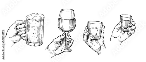 Hand holds alcohol glasses: tequila, beer, whiskey, wine. Hand drawn illustration converted to vector. Isolated on white background