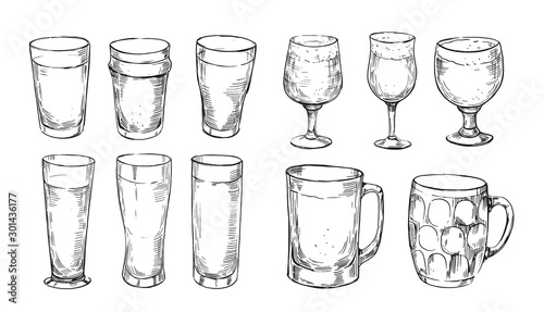 Types of beer glasses. Pints, mugs, stemmed, pilsner. Hand drawn illustration converted to vector