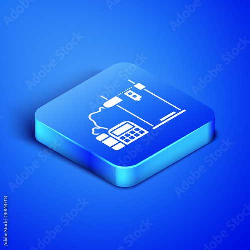 Isometric 3D printer icon isolated on blue background. Blue square button. Vector Illustration