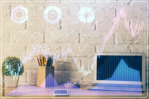 Multi exposure of forex chart and work space with computer. Concept of international online trading. © peshkova