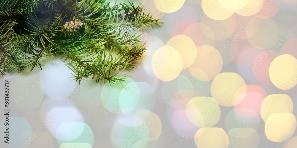 Christmas and New Year holidays background. Christmas composition with a branch. Glitter lights backdrop. Text space. Banner, postcard. Christmas and New Year holidays background. Christmas composition with a branch. Glitter lights backdrop. Text space. Banner, postcard.