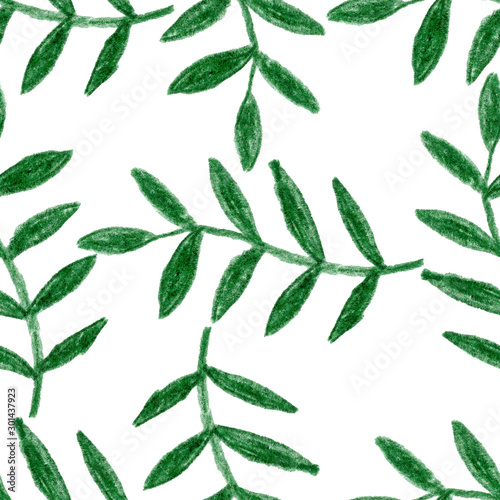 Seamless pattern with green leaves. White background. Hand drawn graphic branches and flowers. Pencil botanical sketch. Nature and ecology. For design, post cards, prints, textile and wrapping paper