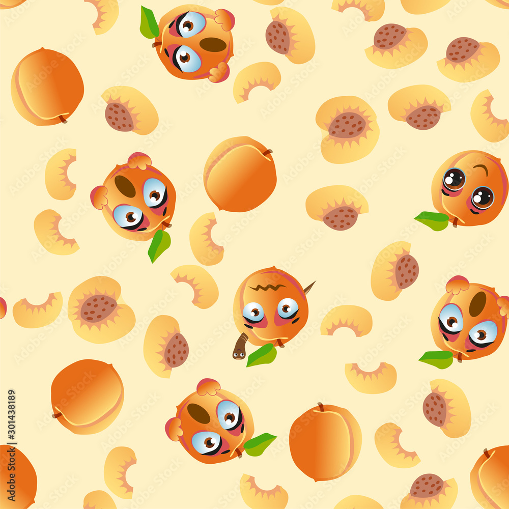 Cute seamless pattern with cartoon emoji peaches Cute seamless pattern with cartoon emoji peaches