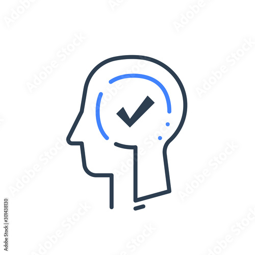 Human head profile and check mark, cognitive psychology or psychiatry concept, decision making