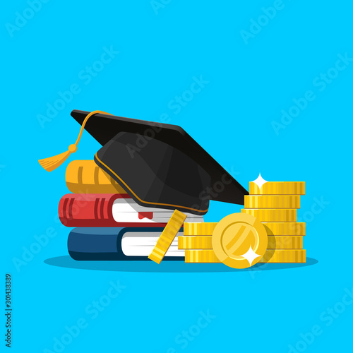 Scholarship concept. Education loan for pursuing. Graduation hat and stack of coins. Vector illustration in flat style.