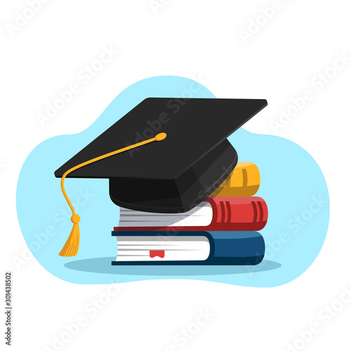 Black graduation cap on stack of books. Education and graduation concept. Vector illustration in flat style. photo