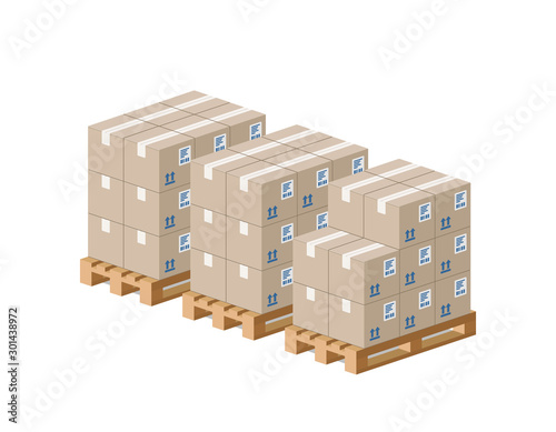 Carton boxes on wooded pallet. Concept of the warehouse. Isometric style. Illistratio isolated on white background.