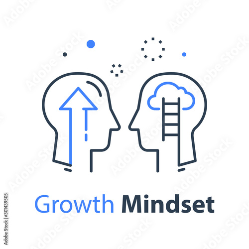 Two human head profiles, arrow up and plant stem, next level self improvement, leader training and mentoring