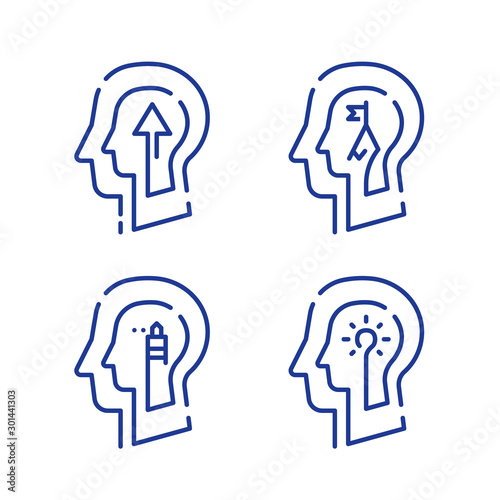 Human head profile and arrow, growth mindset, potential development, leadership education concept