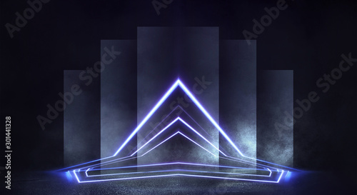 Background of empty stage show. Neon light and laser show. Laser futuristic shapes on a dark background. Abstract dark background with neon glow.