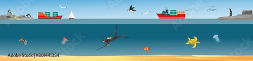 Underwater world landscape, diver hunts, fishes, ships on the surface, vector