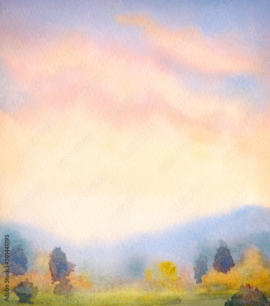 Watercolor landscape. Sunset over the mountains - obrazy, fototapety, plakaty 