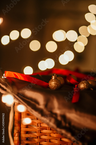 cristmass balls red ribbons and lights boken brown color