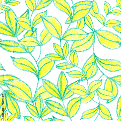 Seamless pattern with hand drawn leaves. Green and yellow. White background. Spring and summer. Natural print. For postcards, wallpaper, textile, scrapbooking and wrapping paper. Holiday decoration