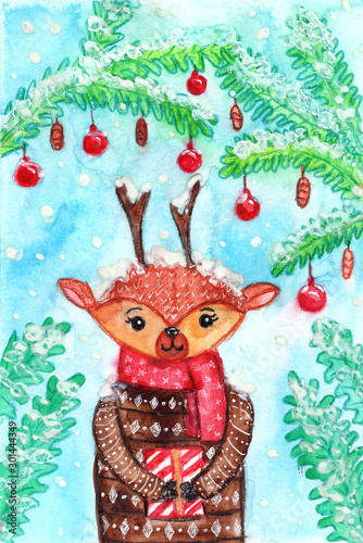Hand drawn watercolor painting. Brown baby deer. Happy new year. Merry christmas. Winter holiday. Turquoise blue background. Green fir tree with red decotations. For greeting card. Gift box