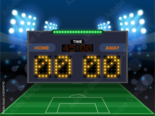 Stadium electronic sports scoreboard with soccer time and football match result display vector illustration.