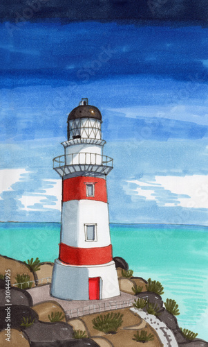 Hand drawn lighthouse. Urban watercolor sketch. Summer maritime landscape.Sea view, yacht and blue sky. Green bushes. For post card, print and poster. Cell phone background. Navigation building