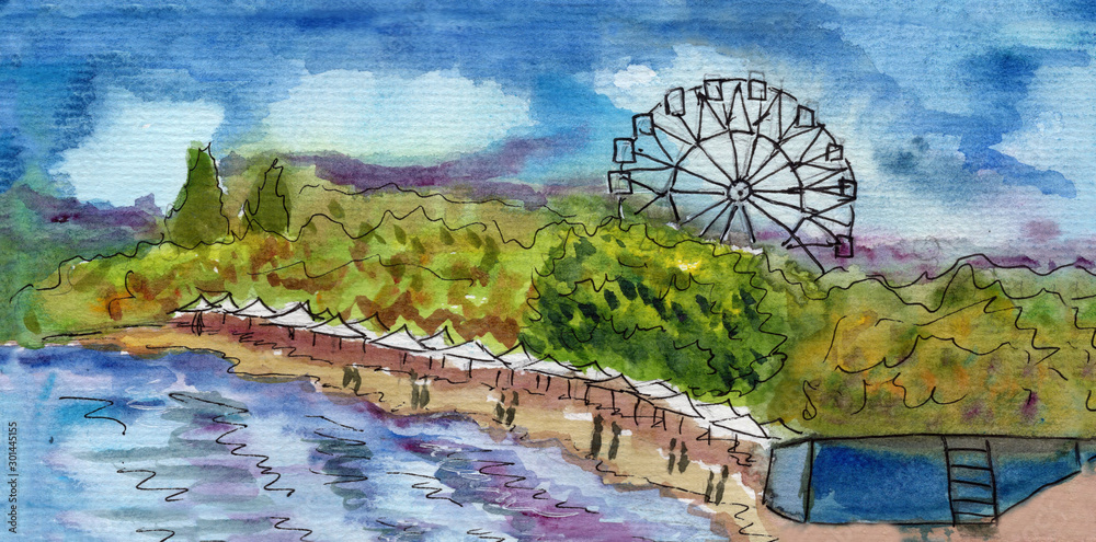 Hand drawn landscape watercolor sketch. Summer or autumn. Blue cloudy sky. Green trees. Street and outdoors. Sea, beach and promenade. Ferris circle. Amusement park or fair in garden. Town or city