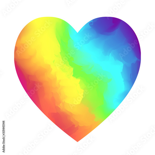 Bright rainbow colors gradient heart shape isolated on white background. Vibrant vector watercolor hearts symbol for Valentines day, lgbt concept design, banner, logo