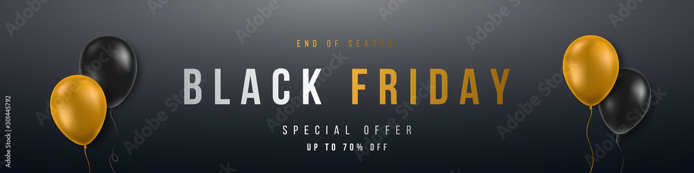 Long Horizontal Black Friday Sale Banner. Design concept for big discount of the year. 3d yellow and black realistic balloons on dark background. Stock vector illustration.