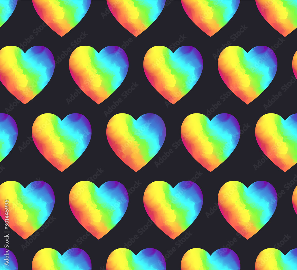 Bright rainbow colors gradient heart shapes seamless pattern on black  background. Vibrant watercolor hearts texture for Valentines day, lgbt  concept design, wallpaper, textile, surface Stock Illustration | Adobe Stock