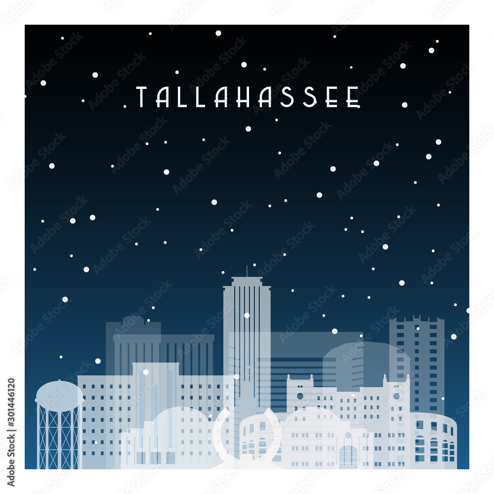 Winter night in Tallahassee. Night city in flat style for banner, poster, illustration, background.