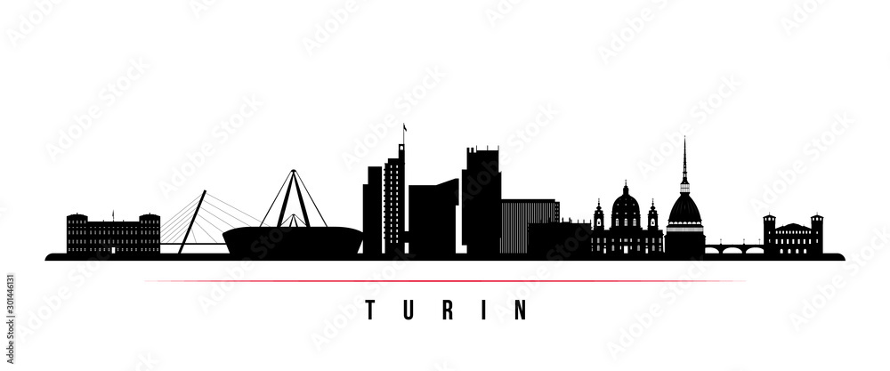 Turin skyline horizontal banner. Black and white silhouette of Buenos Turin, Italy. Vector template for your design.