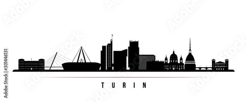 Turin skyline horizontal banner. Black and white silhouette of Buenos Turin, Italy. Vector template for your design.